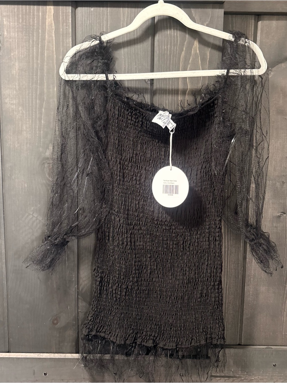 NWT Princess Polly Ruben mesh Black Smocked Dress with Sheer Frayed Puff Sleeves